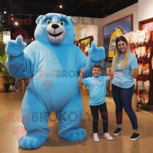 Cyan Giant Sloth mascot costume character dressed with a Mom Jeans and Ties