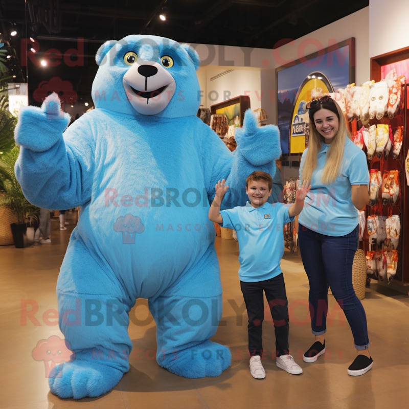 Cyan Giant Sloth mascot costume character dressed with a Mom Jeans and Ties