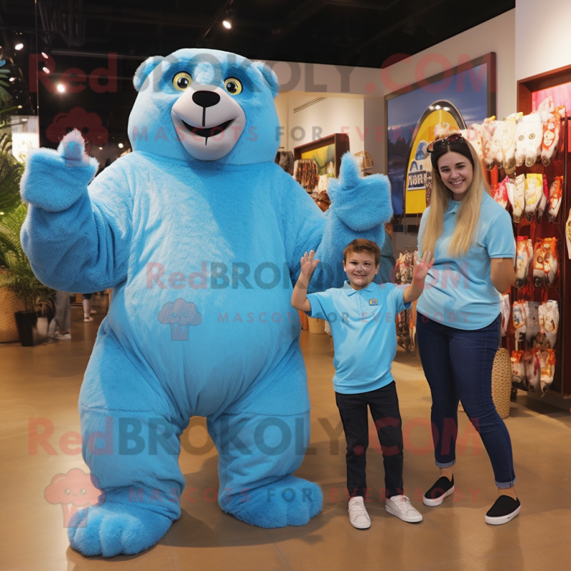 Cyan Giant Sloth mascot costume character dressed with a Mom Jeans and Ties Cyan Giant Sloth mascot costume character dressed with a Mom Jeans and Ties