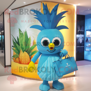 Sky Blue Pineapple mascot costume character dressed with a Midi Dress and Handbags