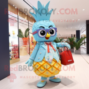 Sky Blue Pineapple mascot costume character dressed with a Midi Dress and Handbags