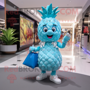 Sky Blue Pineapple mascot costume character dressed with a Midi Dress and Handbags