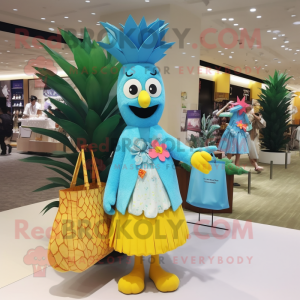 Sky Blue Pineapple mascot costume character dressed with a Midi Dress and Handbags
