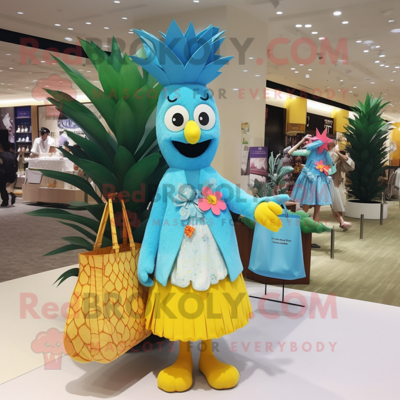 Sky Blue Pineapple mascot costume character dressed with a Midi Dress and Handbags Sky Blue Pineapple mascot costume character dressed with a Midi Dress and Handbags