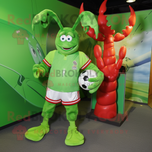 Lime Green Lobster mascot costume character dressed with a Rugby Shirt and Hair clips