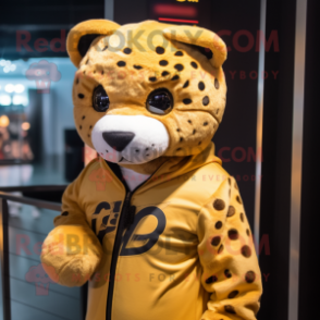 Gold Leopard mascot costume character dressed with a Hoodie and Headbands