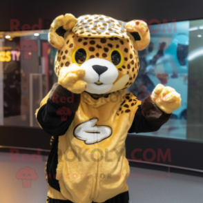 Gold Leopard mascot costume character dressed with a Hoodie and Headbands