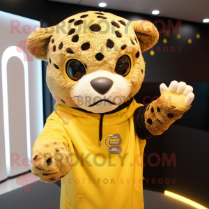 Gold Leopard mascot costume character dressed with a Hoodie and Headbands