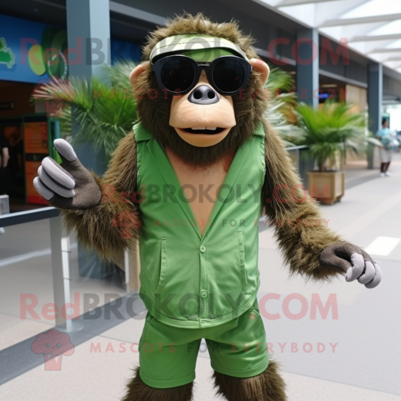 Forest Green Baboon mascot costume character dressed with a One-Piece Swimsuit and Sunglasses