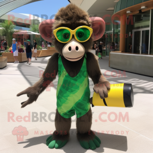 Forest Green Baboon mascot costume character dressed with a One-Piece Swimsuit and Sunglasses