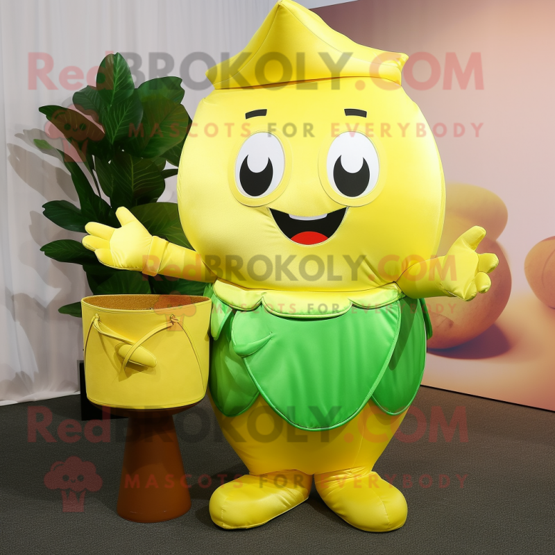 Lemon Yellow Pot Of Gold mascot costume character dressed with a Blouse and Clutch bags
