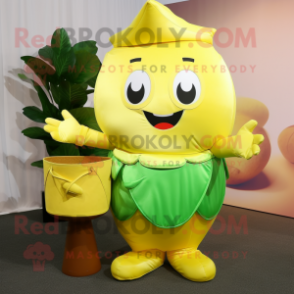 Lemon Yellow Pot Of Gold mascot costume character dressed with a Blouse and Clutch bags