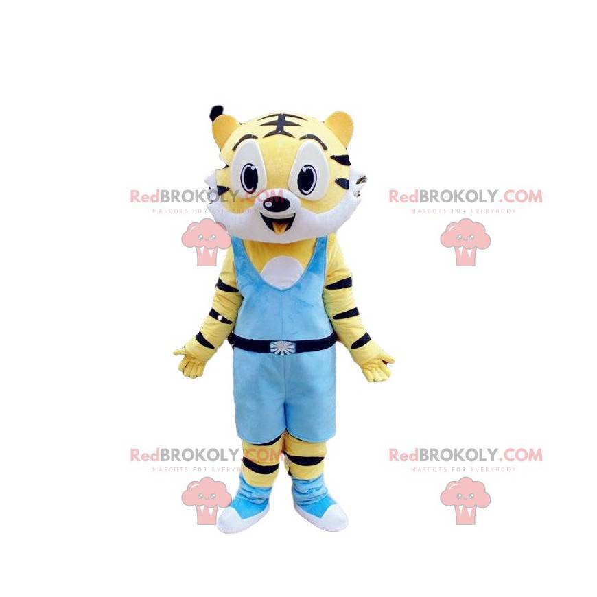 Gelbes und weißes Tigermaskottchen, Katzenkostüm, wildes Tier -