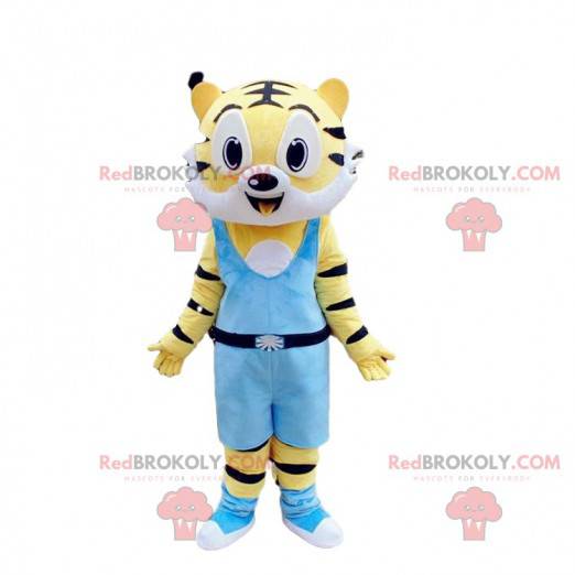 Yellow and white tiger mascot, feline costume, ferocious animal