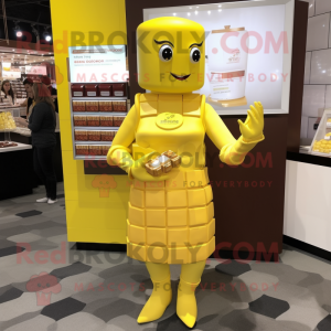 Lemon Yellow Chocolate Bars mascot costume character dressed with a Sheath Dress and Watches