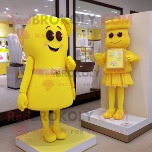 Lemon Yellow Chocolate Bars mascot costume character dressed with a Sheath Dress and Watches