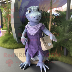 Lavender Komodo Dragon mascot costume character dressed with a Wrap Skirt and Backpacks