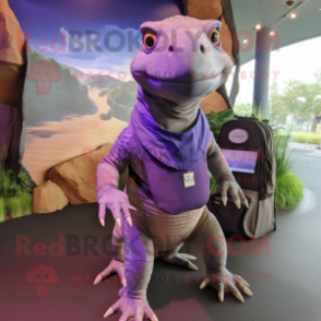 Lavender Komodo Dragon mascot costume character dressed with a Wrap Skirt and Backpacks