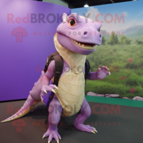 Lavender Komodo Dragon mascot costume character dressed with a Wrap Skirt and Backpacks