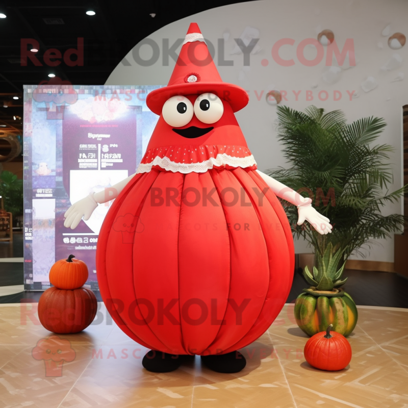 Red Melon mascot costume character dressed with a Empire Waist Dress and Rings