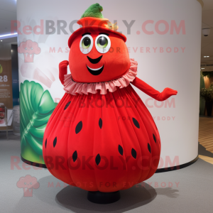 Red Melon mascot costume character dressed with a Empire Waist Dress and Rings