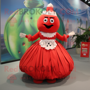 Red Melon mascot costume character dressed with a Empire Waist Dress and Rings