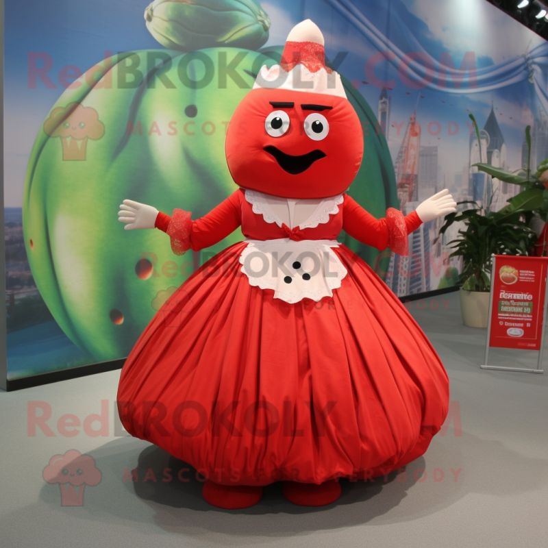 Red Melon mascot costume character dressed with a Empire Waist Dress and Rings Red Melon mascot costume character dressed with a Empire Waist Dress and Rings