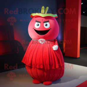 Red Melon mascot costume character dressed with a Empire Waist Dress and Rings