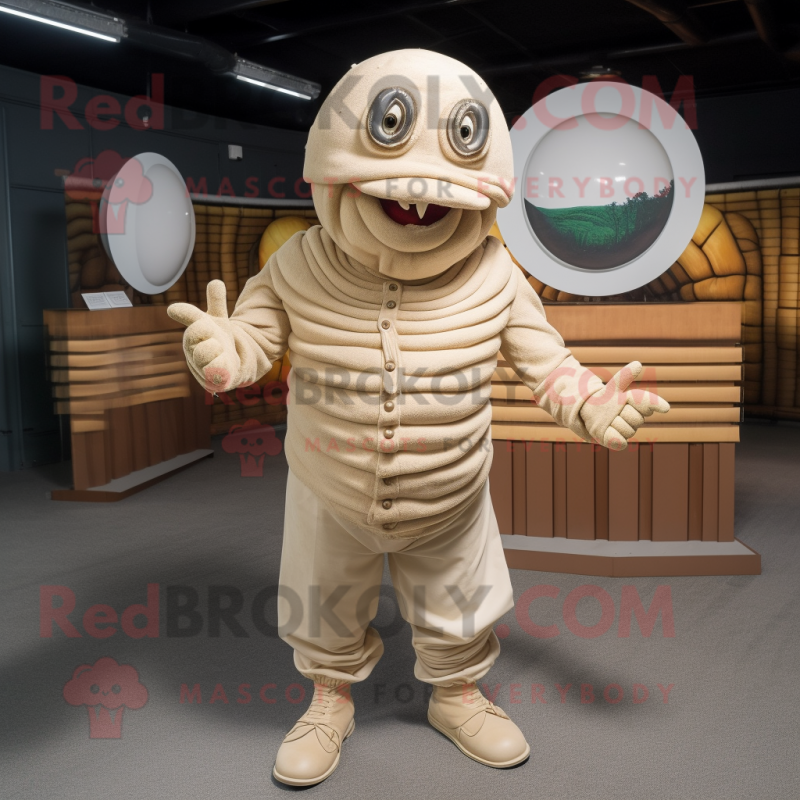 Cream Trilobite mascot costume character dressed with a Corduroy Pants and Berets