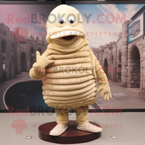Cream Trilobite mascot costume character dressed with a Corduroy Pants and Berets