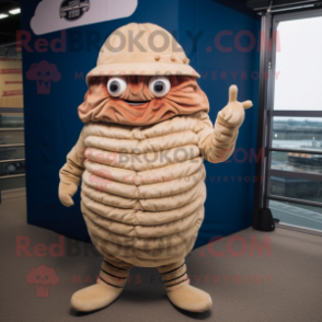 Cream Trilobite mascot costume character dressed with a Corduroy Pants and Berets