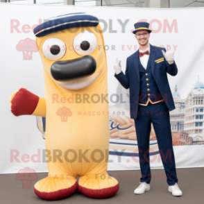 Navy Hot Dog mascot costume character dressed with a Blazer and Pocket squares