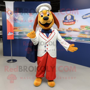 Navy Hot Dog mascot costume character dressed with a Blazer and Pocket squares
