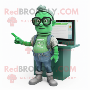 Green Computer mascot costume character dressed with a Jeans and Reading glasses