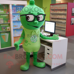 Green Computer mascot costume character dressed with a Jeans and Reading glasses