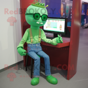 Green Computer mascot costume character dressed with a Jeans and Reading glasses