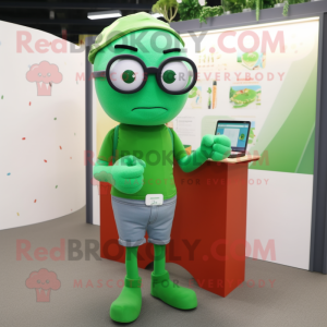 Green Computer mascot costume character dressed with a Jeans and Reading glasses