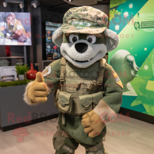 Gray Green Beret mascot costume character dressed with a Graphic Tee and Backpacks