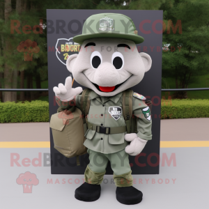 Gray Green Beret mascot costume character dressed with a Graphic Tee and Backpacks