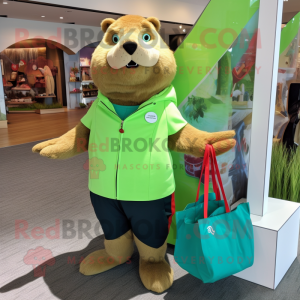 Lime Green Beaver mascot costume character dressed with a Bermuda Shorts and Tote bags