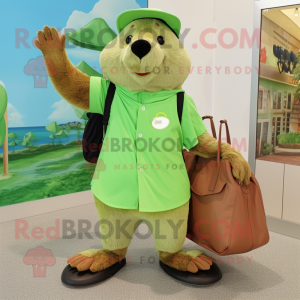 Lime Green Beaver mascot costume character dressed with a Bermuda Shorts and Tote bags