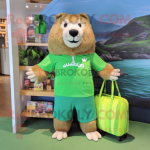 Lime Green Beaver mascot costume character dressed with a Bermuda Shorts and Tote bags