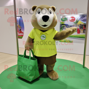 Lime Green Beaver mascot costume character dressed with a Bermuda Shorts and Tote bags