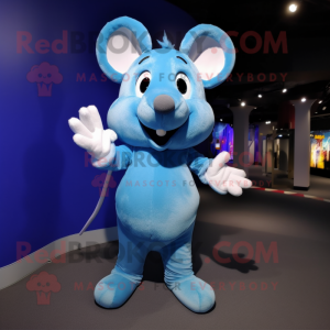 Blue Mouse mascot costume character dressed with a Henley Shirt and Hair clips