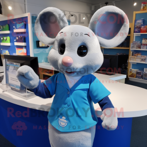 Blue Mouse mascot costume character dressed with a Henley Shirt and Hair clips