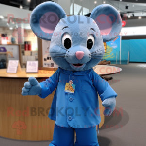 Blue Mouse mascot costume character dressed with a Henley Shirt and Hair clips