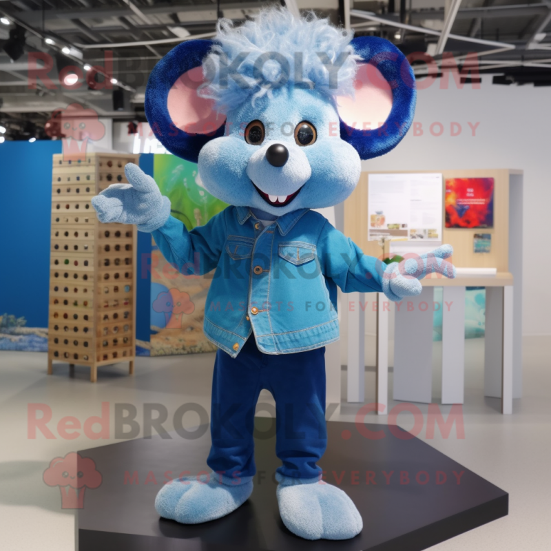 Blue Mouse mascot costume character dressed with a Henley Shirt and Hair clips