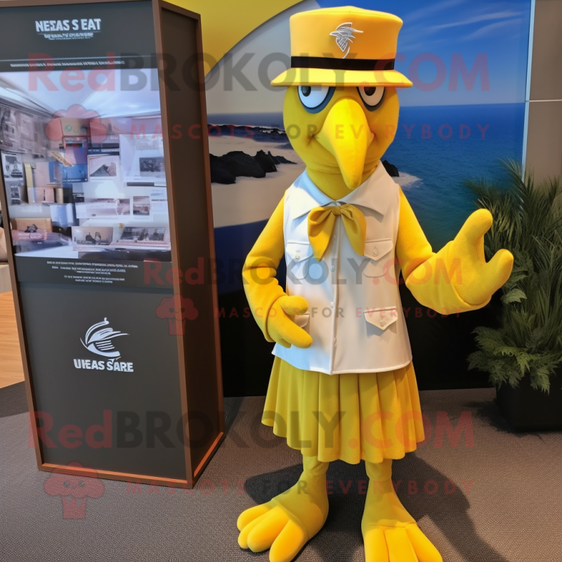 Lemon Yellow Haast'S Eagle mascot costume character dressed with a Sheath Dress and Berets