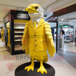 Lemon Yellow Haast'S Eagle mascot costume character dressed with a Sheath Dress and Berets