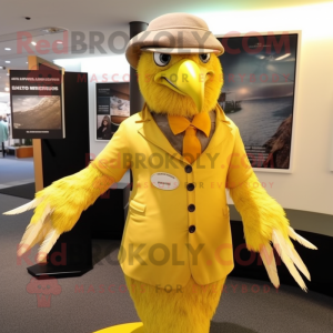 Lemon Yellow Haast'S Eagle mascot costume character dressed with a Sheath Dress and Berets